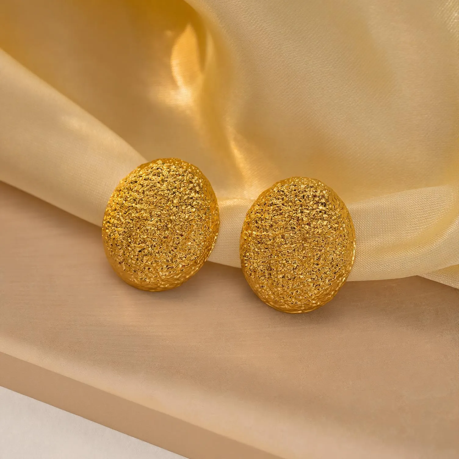 Vintage Hammerschlag Oval Stecker Ohrringe Damen Edelstahl 18K Vergoldet Mit 925 Silber Ohrstecker
