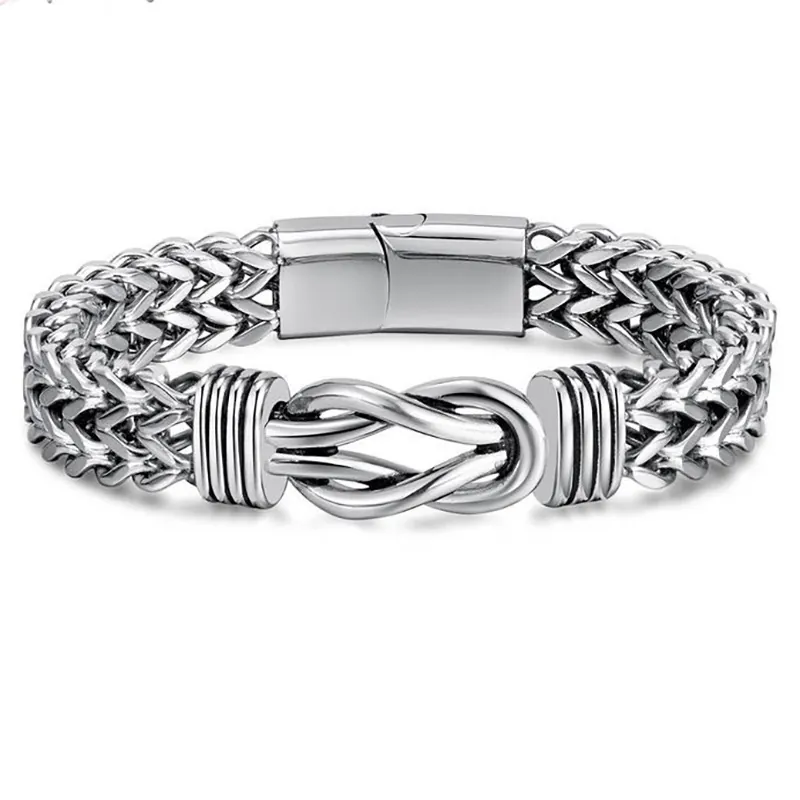 Men Bracelet 304 Stainless Steel Double Row Braided Chain With Magnetic Clasp Knot Decor Punk Vintage Jewelry
