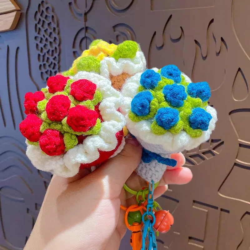 Handmade Crochet Flower Bouquet Keychain Yarn Rose Sunflower Bag Charm Pendant With Bell Cute Gift For Women Girls