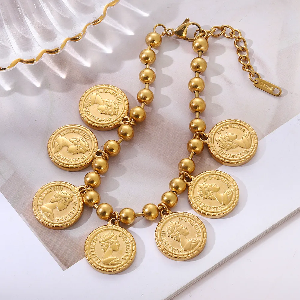 Gold Stainless Steel Coin Pendant Bracelet Ball Chain Vintage Queen Elizabeth II Portrait Jewelry For Women