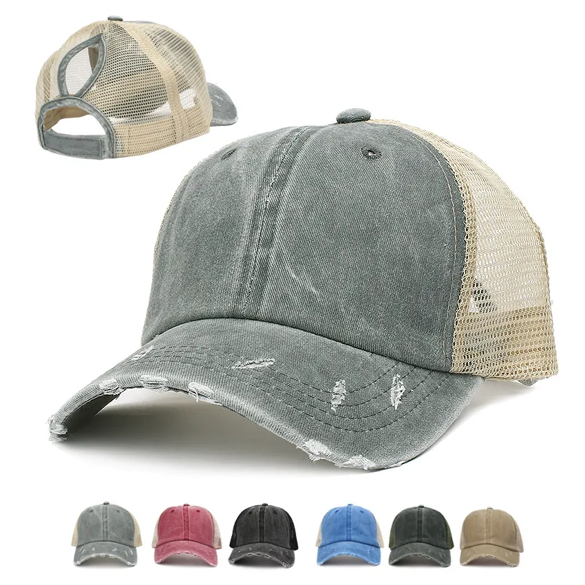 Washed Cotton Ponytail Baseball Cap Distressed Mesh Trucker Hat Breathable Outdoor Sun Hat Vintage Style For Women