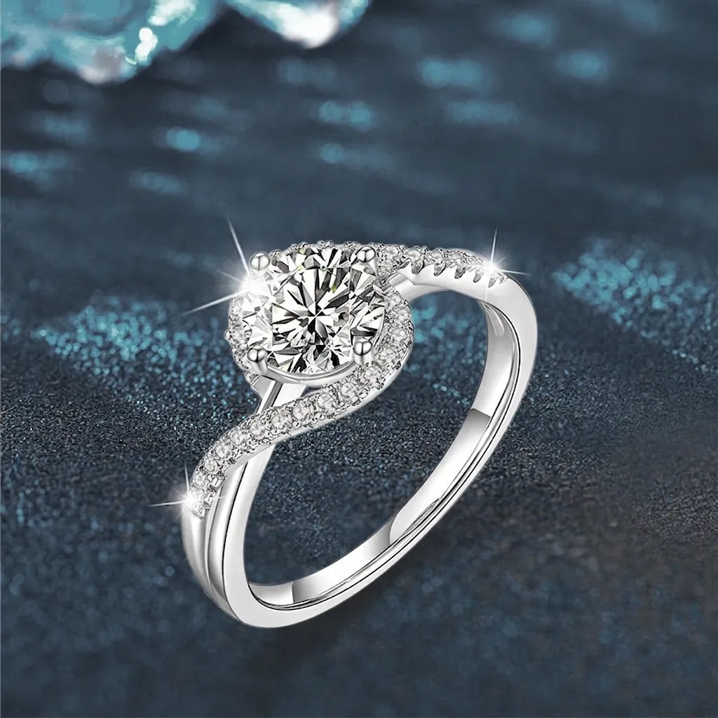 Moissanite Ring 925 Sterling Silver Twisted Arm Halo Design Round Cut Engagement Wedding Jewelry For Women Elegant