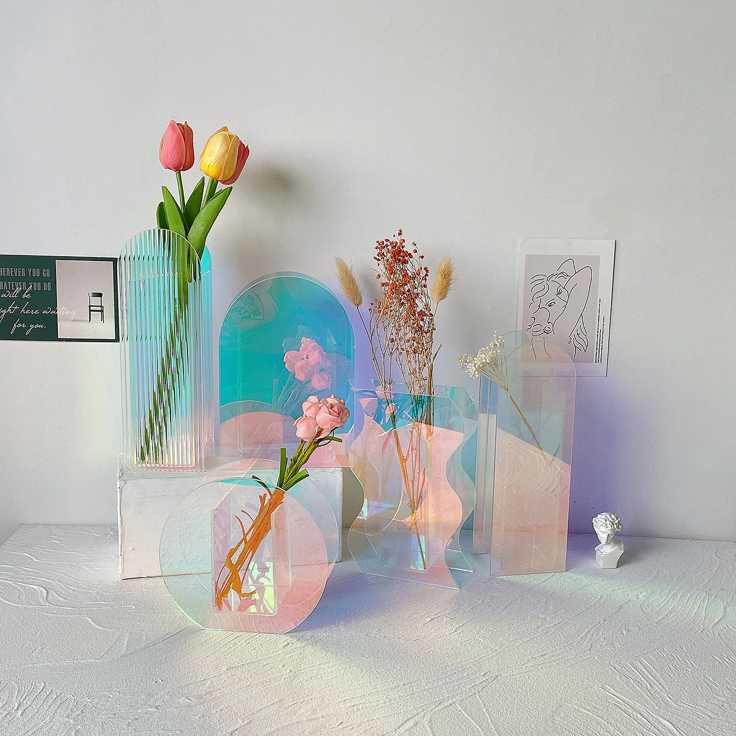 Moderne Irisierende Acryl Vase Geometrische Nordische Stil Regenbogen Blumentopf Für Wohnzimmer Büro Kunst Desktop Dekor