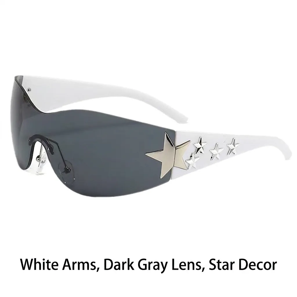 Shield Sunglasses Rimless Y2K Star Decoration One-Piece PC Lens UV400 Protection Outdoor Sports Cycling Trendy Eyewear