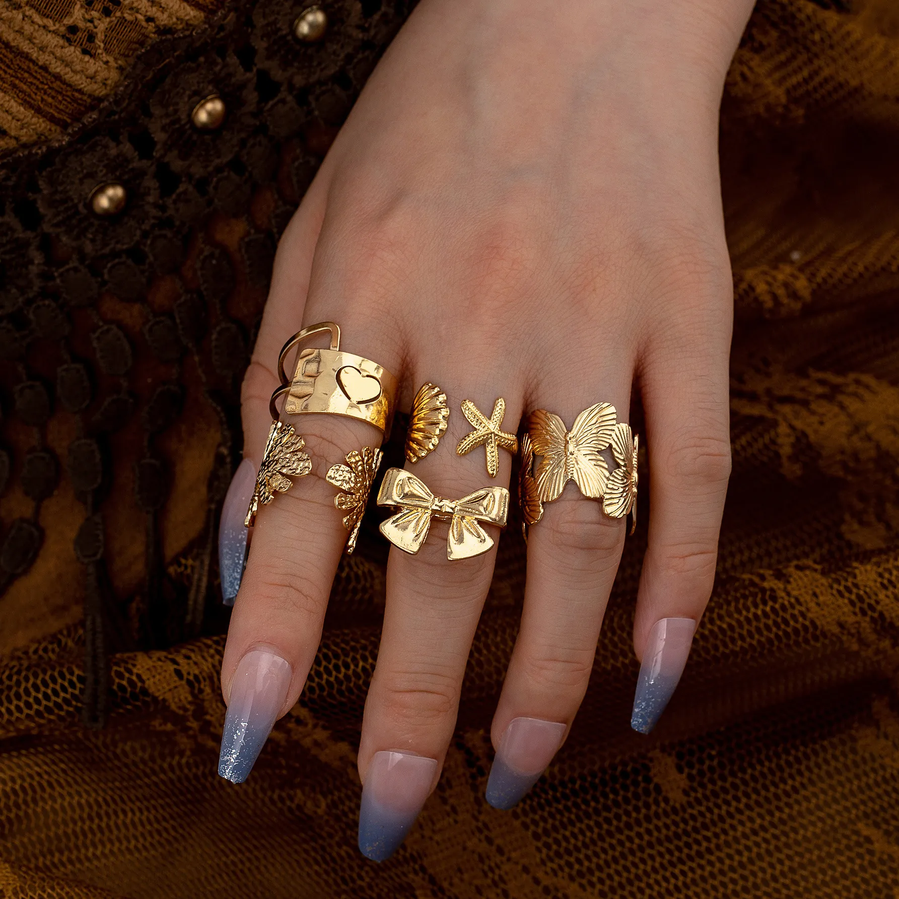 Fashion Alloy Ring Set for Women Gold Leaf Butterfly Bow Starfish Shell Heart Open Adjustable Ring Jewelry Gift