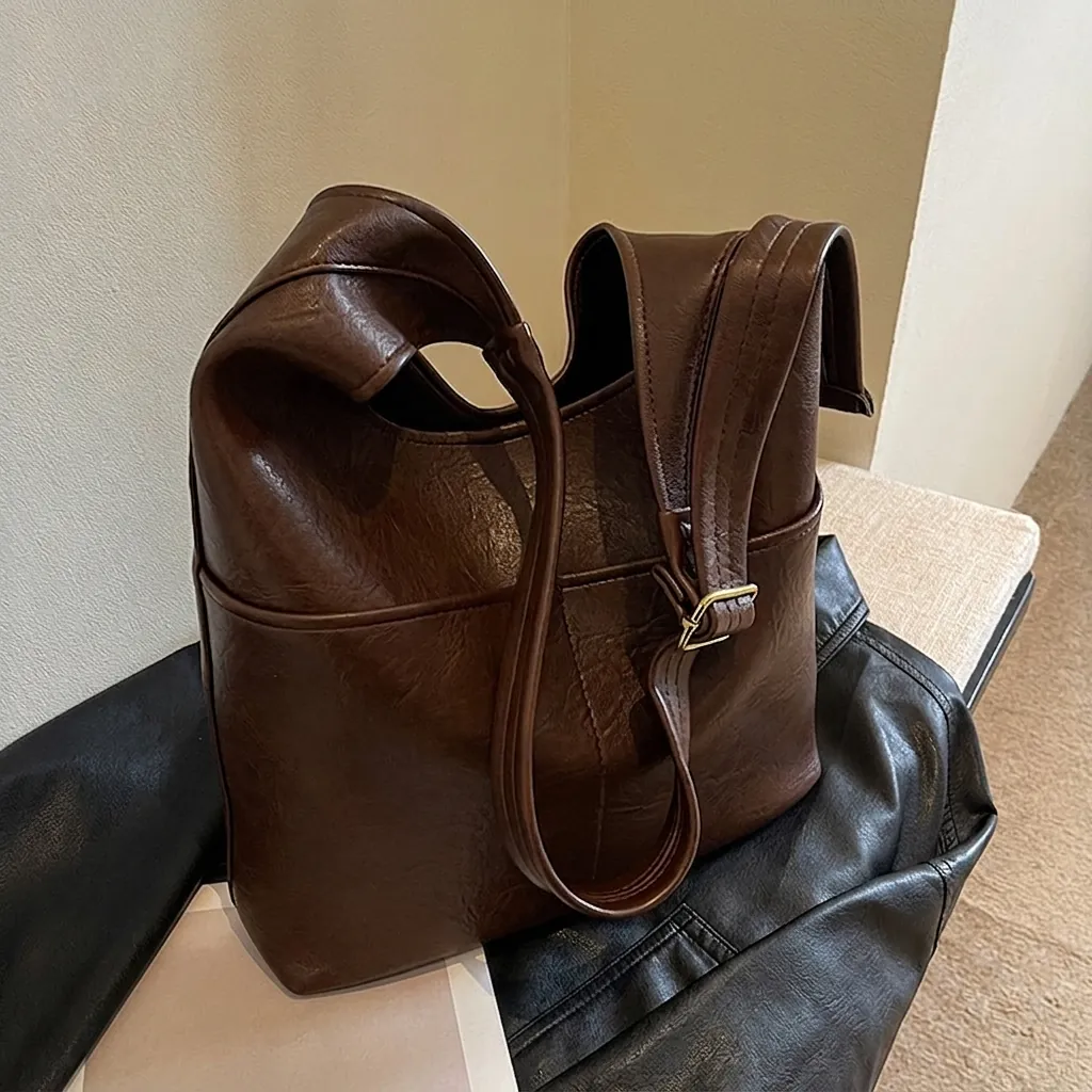 Vintage PU Leder Große Kapazität Tote Tasche Für Frauen Retro Einfarbige Schulter Umhängetasche Verstellbarer Gurt Pendeln Lässig