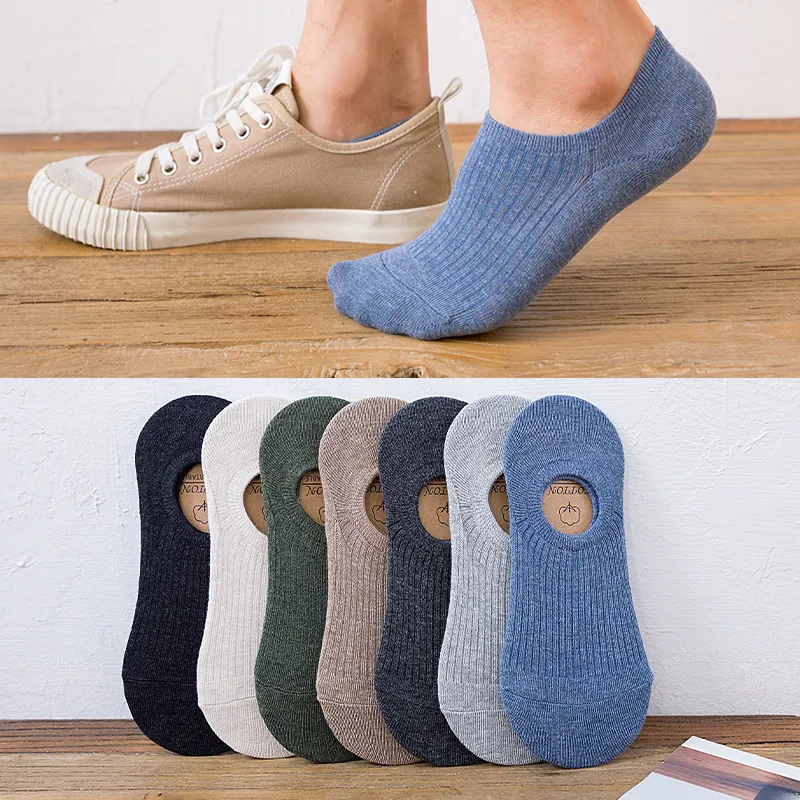 Men Invisible Socks Cotton Ribbed Low Cut No Show Non-Slip Silicone Heel Breathable Solid Color Casual