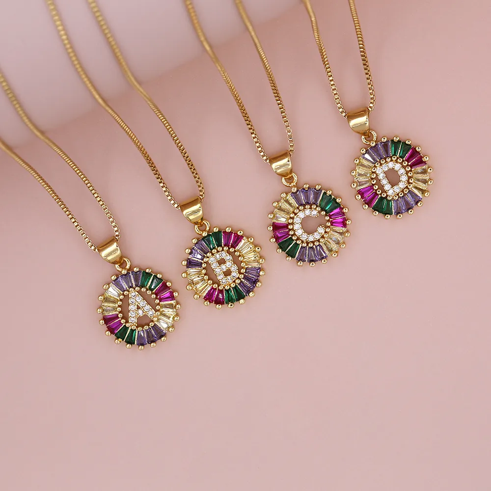 Gold Plated Copper Colorful Zirconia Initial Letter Round Pendant Necklace Personalized Alphabet Box Chain Jewelry For Women
