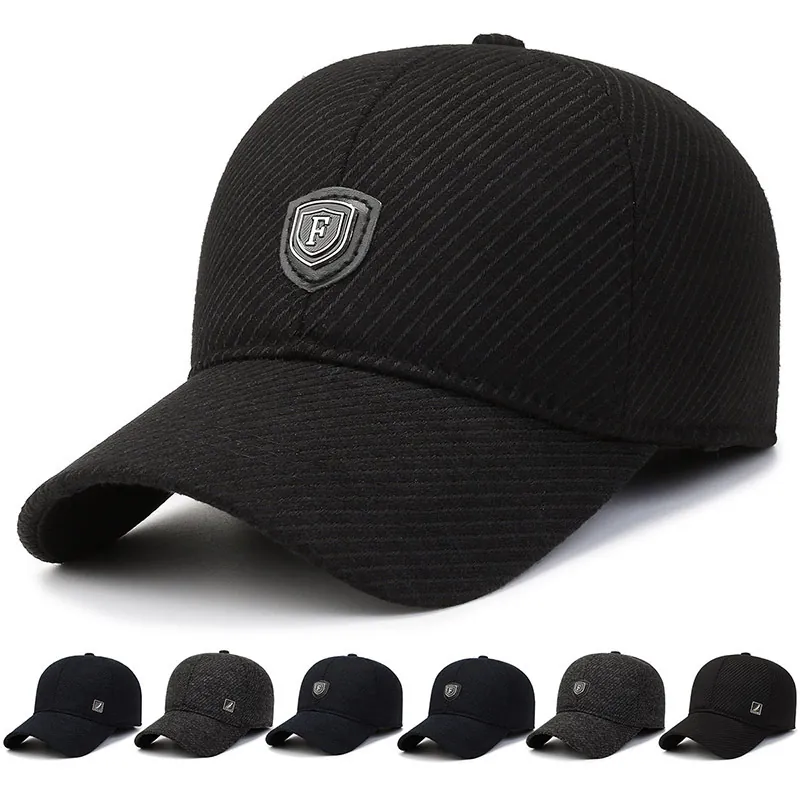 Men's Winter Baseball Cap Woolen Warm Fleece Lined Ear Flaps Outdoor Casual Adjustable Windproof Solid Hat For Cold Weather