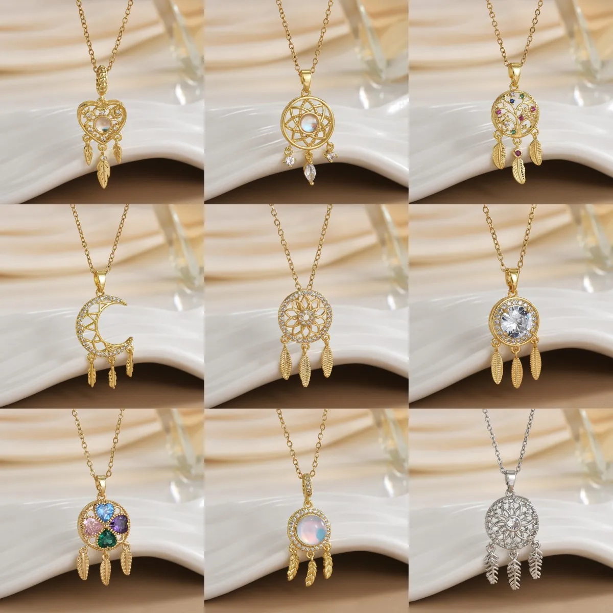 Dreamcatcher Pendant Necklace Stainless Steel Zircon Tassel Feather Boho Moon Tree Of Life Jewelry For Women
