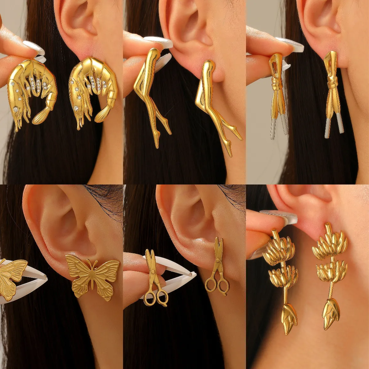 Boucles d'Oreilles Clous Créatives en Acier Inoxydable Plaque Or Design Crevette Jambe Nœud Soleil Ciseaux Bijoux de Mode Uniques pour Femmes