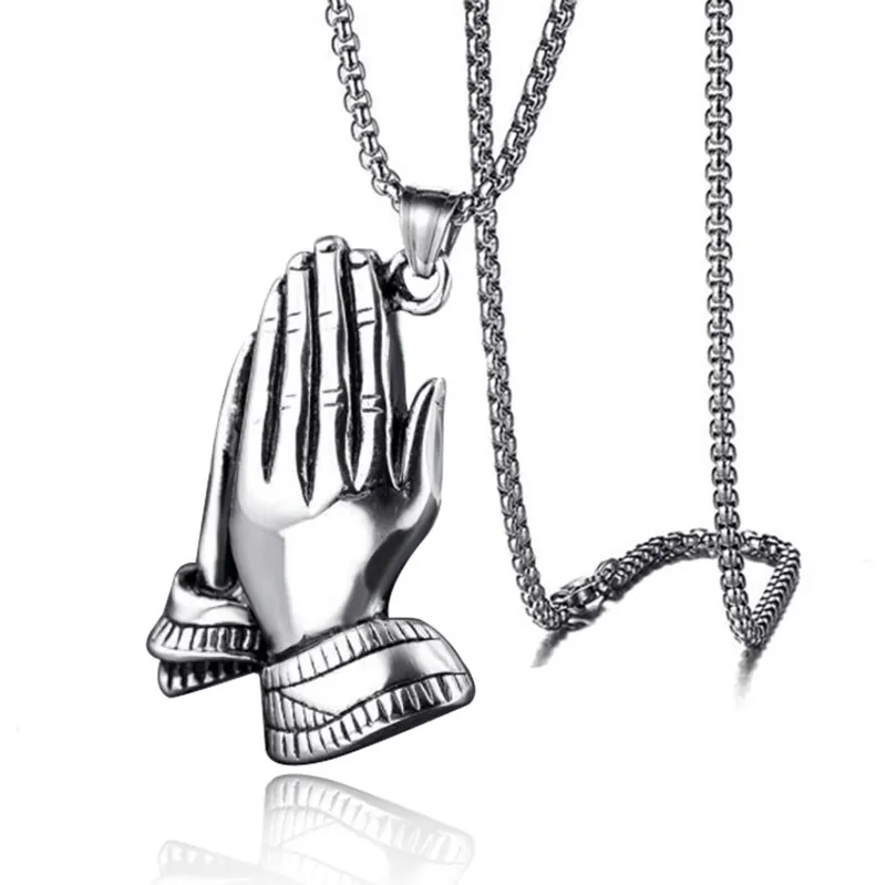 Praying Hands Pendant Necklace Stainless Steel Religious Hip Hop Jewelry For Men And Women Polished Finish