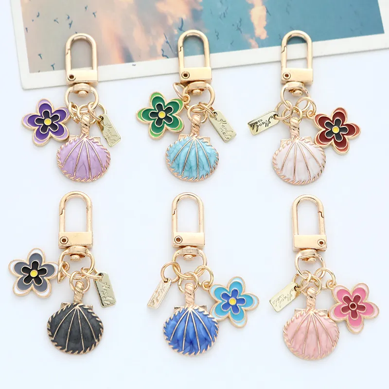 Cute Shell Flower Keychain Zinc Alloy Enamel Bag Pendant For Women Girls Colorful Decorative Key Ring Hand Made Tag