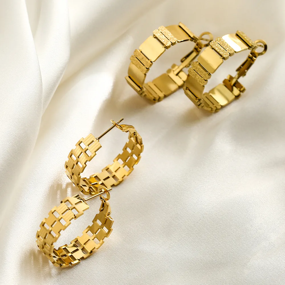 Vintage Titanium Steel Gold Hoop Earrings For Women Chunky Geometric Hollow Grid Lattice Textured Luxury Ear Jewelry
