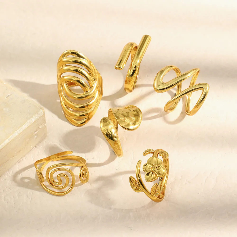 Adjustable Open Rings Stainless Steel 18K Gold Plated Flower Geometric Spiral Minimalist Aesthetic Jewelry For Women