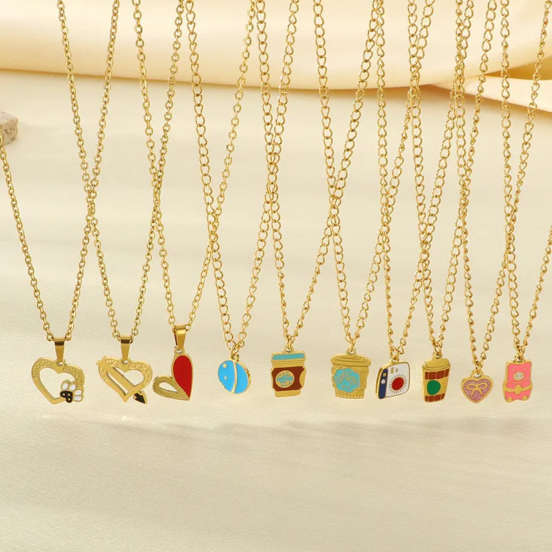 Collier En Acier Inoxydable Plqué Or Émail Cœur Tasse À Café Pendentif Caméra Bijoux Tendance Pour Femmes Cadeau Quotidien