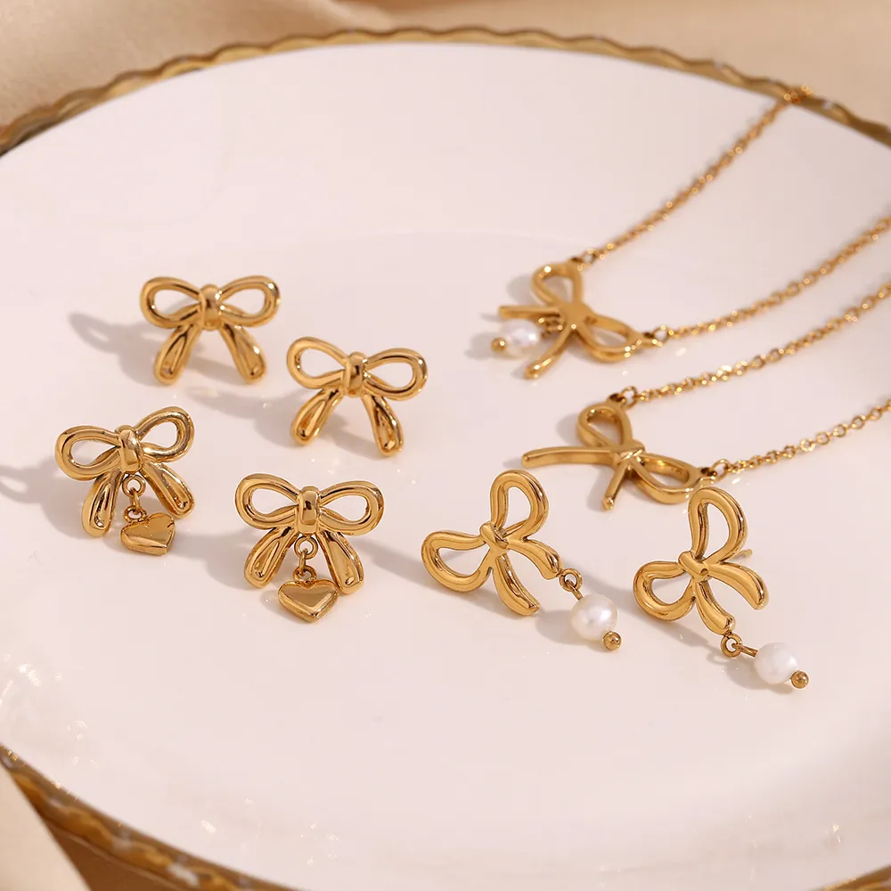 Stainless Steel 18K Gold Plated Freshwater Pearl Bow Heart Pendant Necklace Fashion Stud Earrings Women Jewelry Set