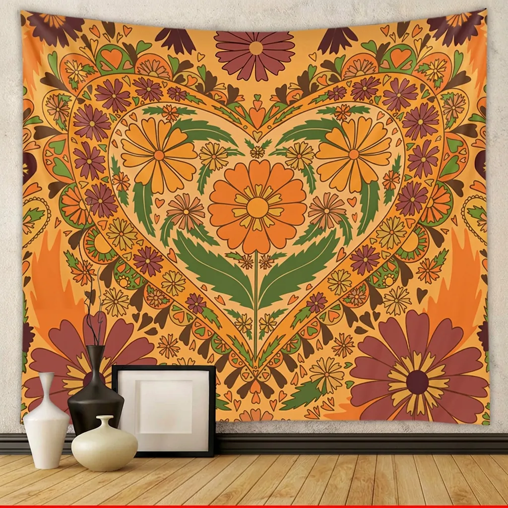 Retro Floral Heart Tapestry Polyester Wall Hanging Bohemian Style Room Decor 70s Aesthetic Flower Backdrop