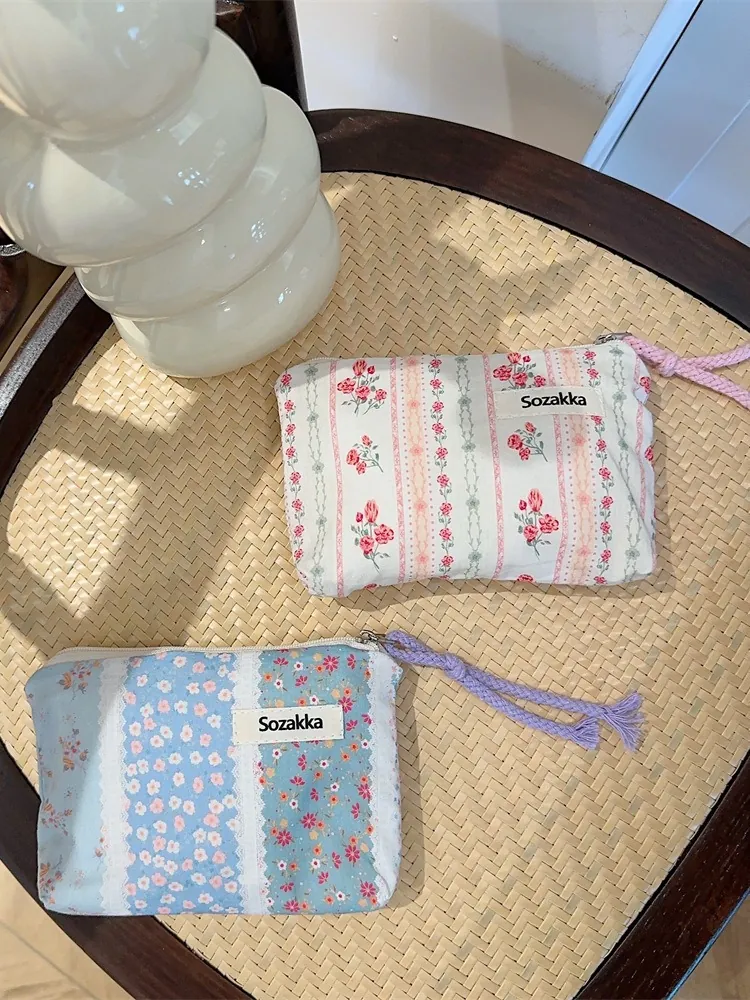 Floral Canvas Cosmetic Bag Portable Zipper Makeup Pouch Small Fabric Coin Purse For Daily Travel Organizer