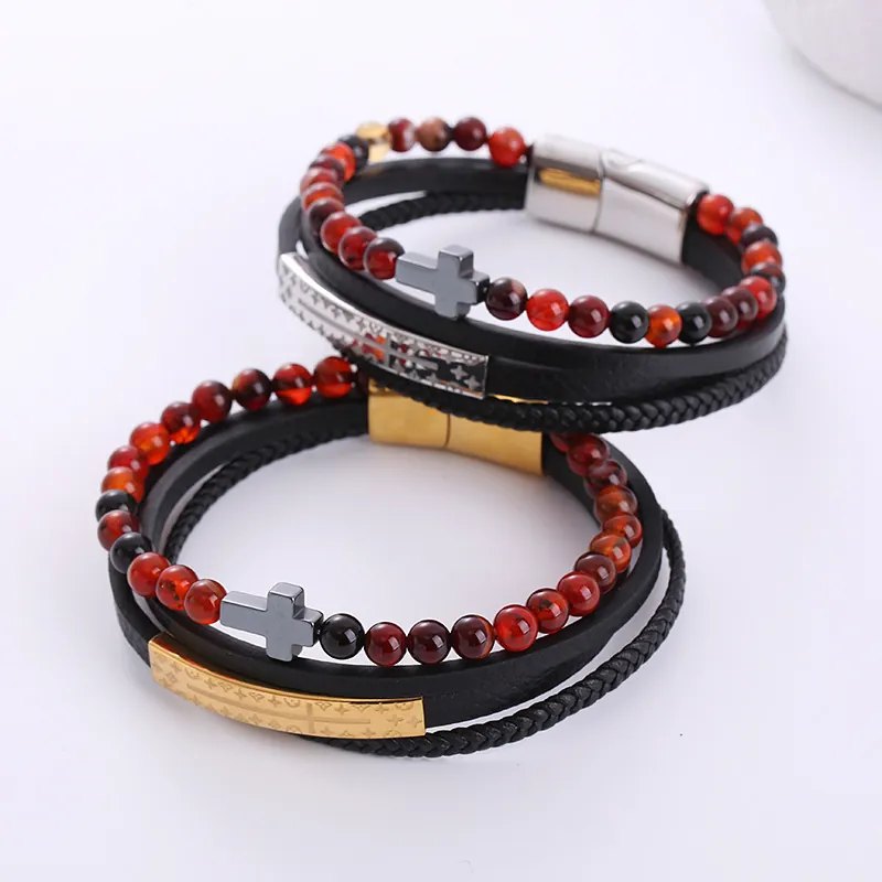 Bracciale Multistrato Uomo Pietra Occhio Di Tigre Acciaio Inossidabile 304 Croce Pelle Nera Intrecciata Chiusura Magnetica
