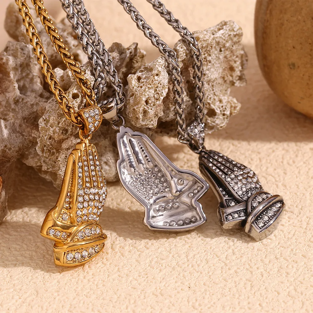 Praying Hands Pendant Necklace Stainless Steel Iced Out Rhinestone Hip Hop Retro Religious Jewelry For Men Gold Color
