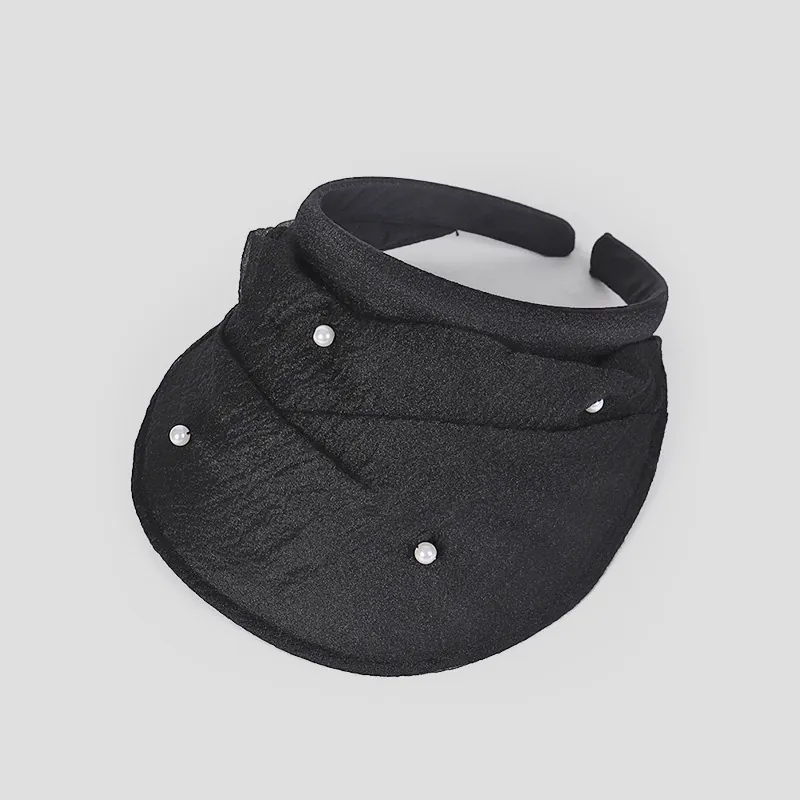 Organza Artificial Pearl Wide Brim Sun Visor Hat Headband Style Elegant Summer Breathable For Women Foldable Accessory