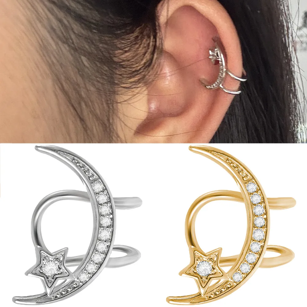 Stainless Steel Star Moon Ear Cuff Rhinestone Non Piercing Clip On Earrings Gold Silver Tone Dainty Jewelry Women