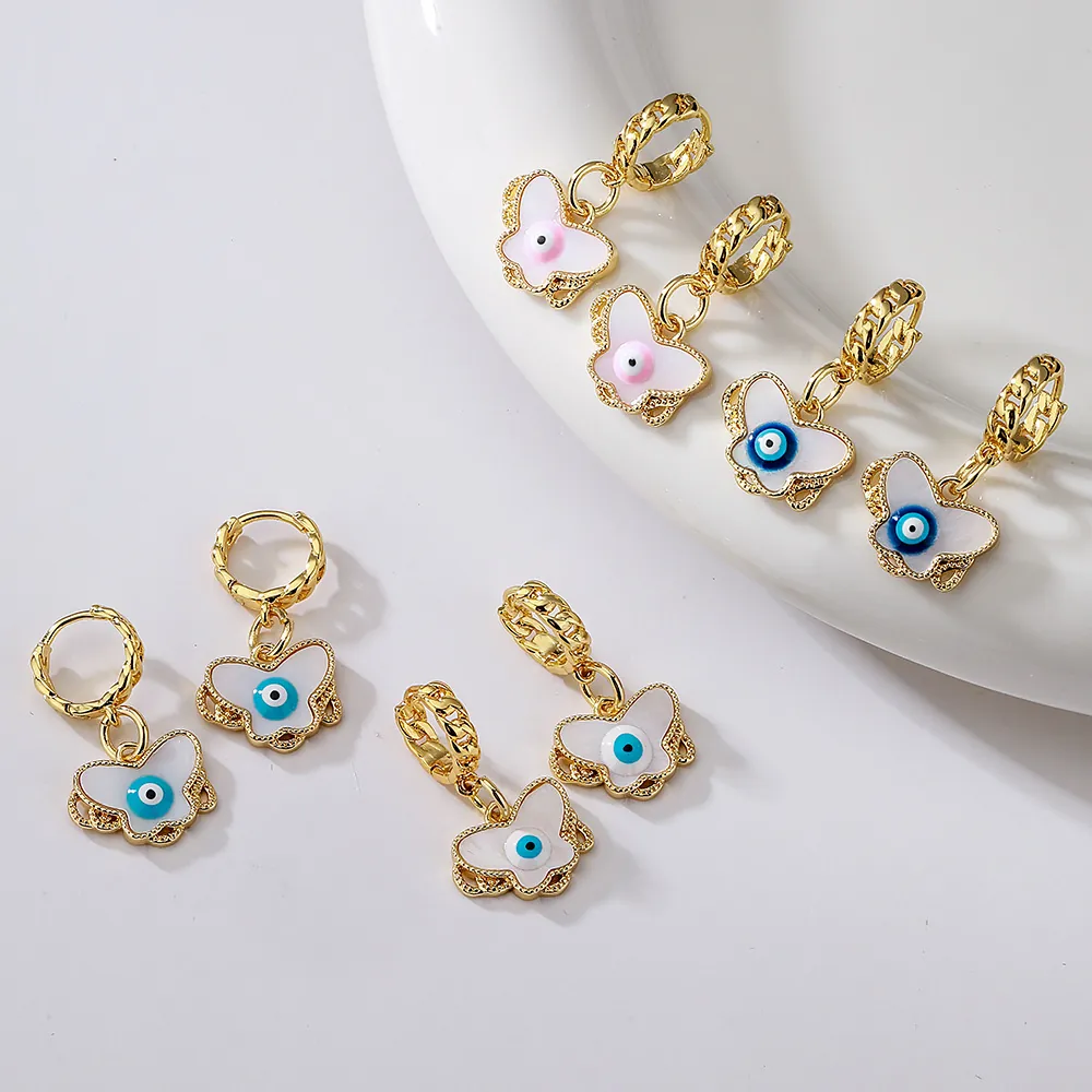 Butterfly Evil Eye Drop Earrings Gold Plated Copper Enamel Pendant Fashion Jewelry For Women Niche Style