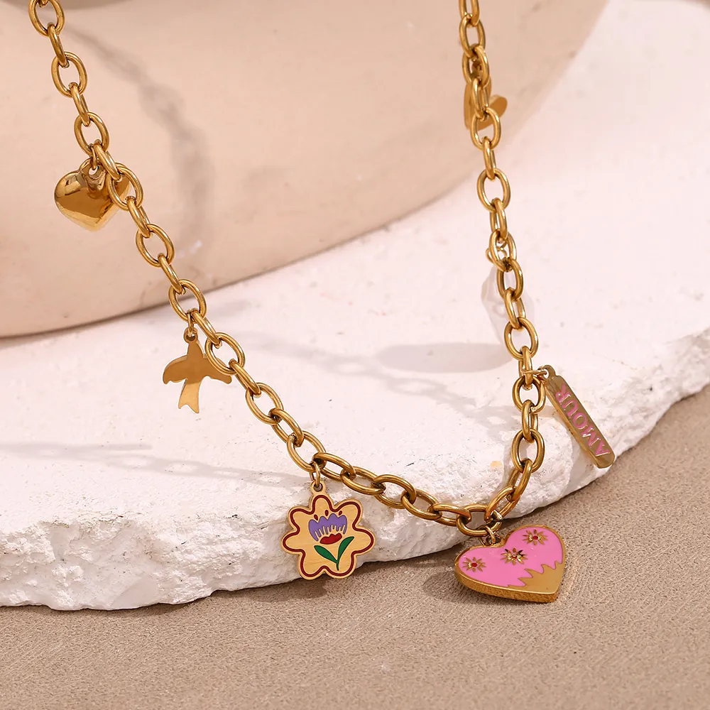 Multi Charm Pendant Necklace 18K Gold Plated Stainless Steel Heart Bird Flower Enamel Jewelry For Women Amour Tag