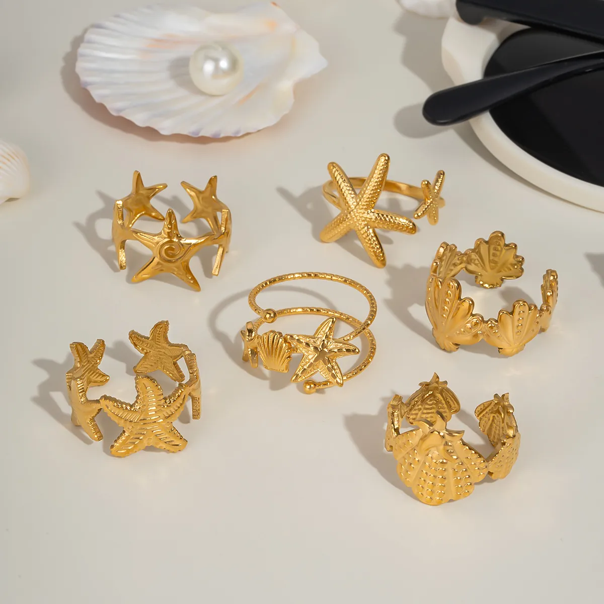 Bague Thème Océan En Acier Inoxydable Étoile De Mer Coquillage Fleur Ajustable Plaqué Or 18K Bijoux De Mode Pour Femmes