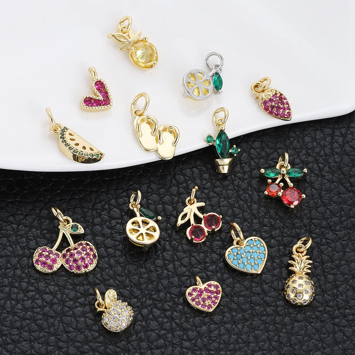 Copper Fruit Charms Pendants Gold Plated Zirconia Cherry Cactus Heart Shaped DIY Jewelry Making Accessories Fashion Small