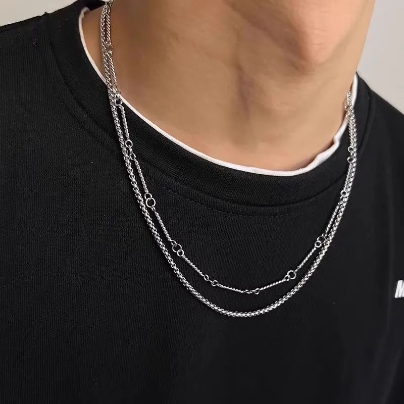 Double Layer Stacking Necklace Stainless Steel Bamboo Chain Vintage Minimalist Jewelry For Men Women Trendy Accessories