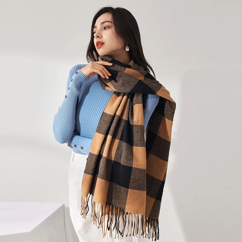 Sciarpa A Quadri Donna Finto Cashmere Caldo Inverno Scialle Spina Di Pesce Nappa Avvolgente Retrò