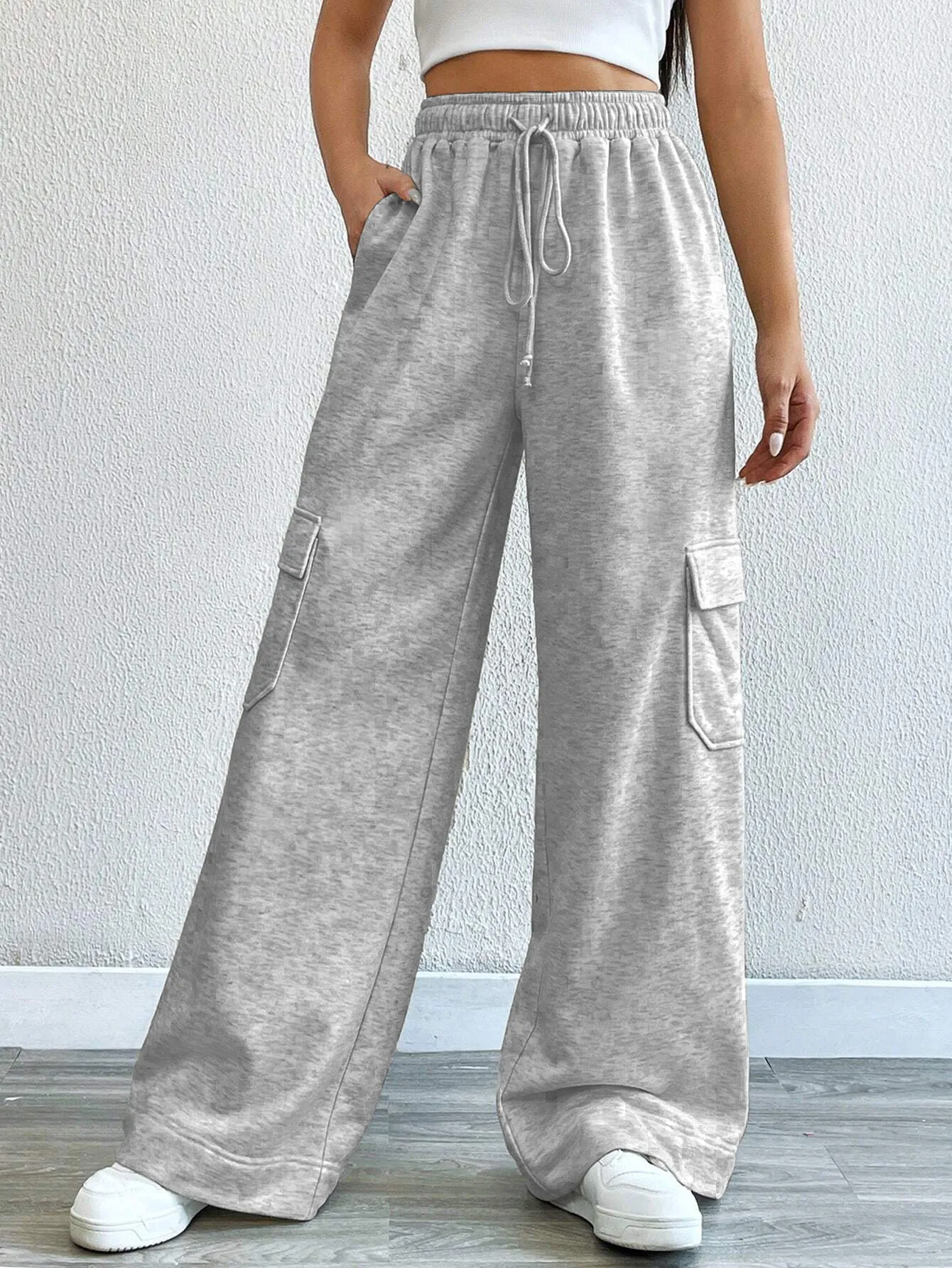 Women Cargo Sweatpants High Waist Drawstring Wide Leg Cotton Polyester Blend Casual Sports Streetwear With Flap Pockets
