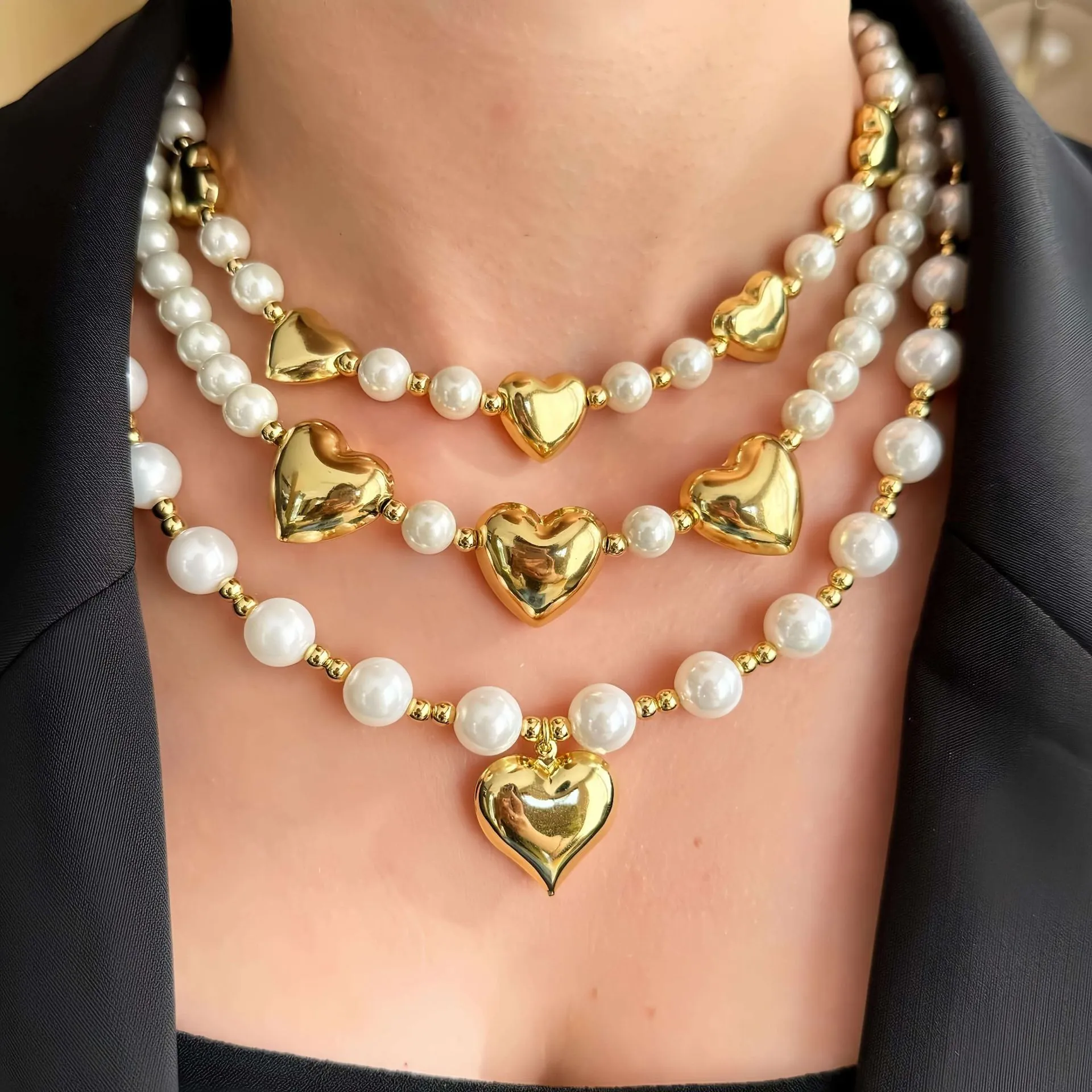 Heart Pendant Artificial Pearl Beaded Necklace For Women Copper Gold Plated Elegant Jewelry Gift Romantic Sweet Style
