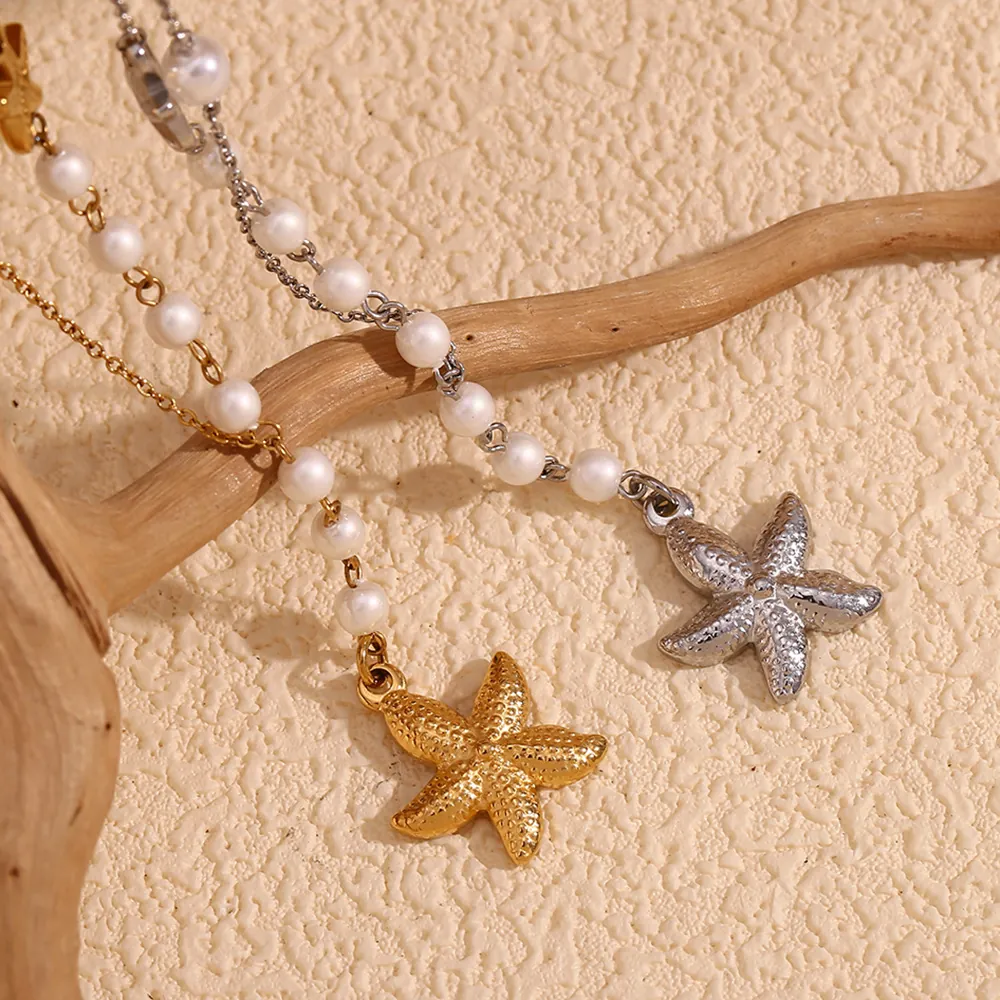 Stainless Steel Starfish Artificial Pearl Asymmetric Pendant Necklace 18K Gold Plated Dotted Marine Theme Jewelry For Women