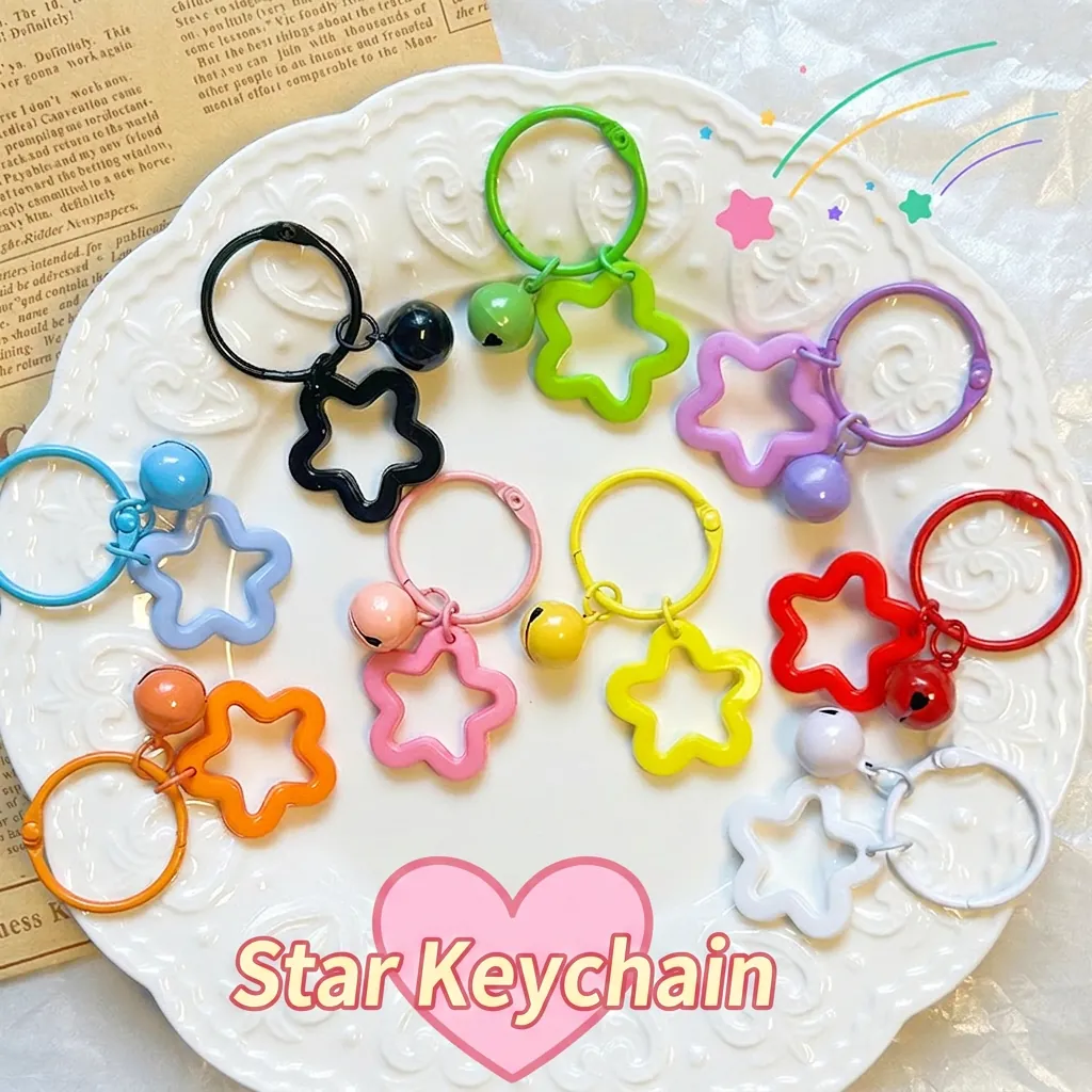 Star Shape Keychain Acrylic Metal Bell Colorful Dopamine Bag Charm Earphone Case Pendant Accessories Cute Sweet Girls