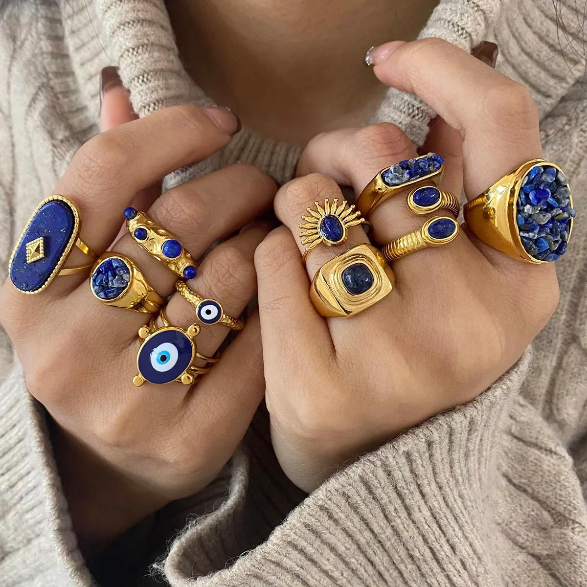 Vintage Bohemian Stainless Steel Rings For Women Gold Lapis Lazuli Evil Eye Sun Moon Star Pattern Waterproof Rings Jewelry