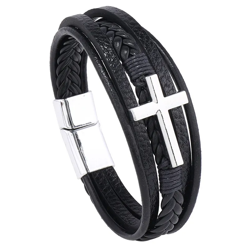 Men Multi Layer Braided Leather Bracelet With Alloy Cross Pendant And Magnetic Buckle Retro Punk Style Jewelry