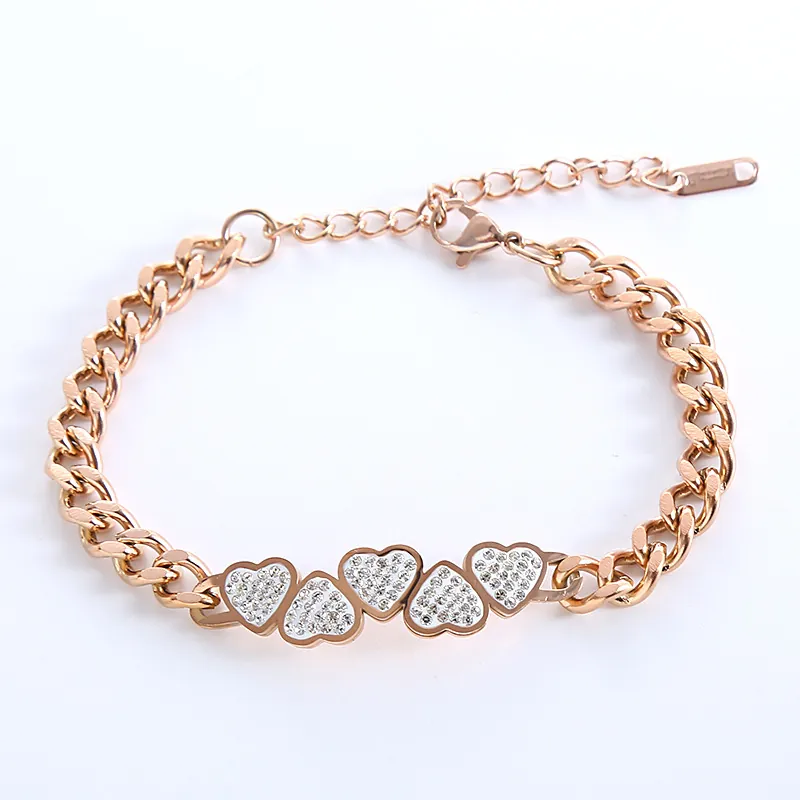 Pave Rhinestone Heart Charm Bracelet 316L Stainless Steel Cuban Chain Adjustable For Women Elegant Fashion Gift