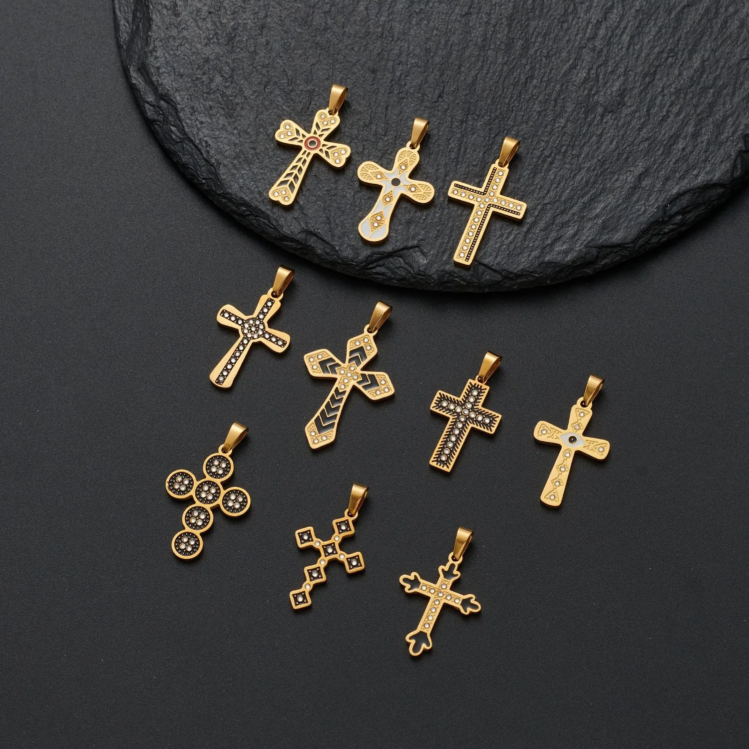 Kreuz Anhänger Halskette Edelstahl 18K Vergoldet Emaille Strass Böser Blick Vintage Religiös Für Herren Damen