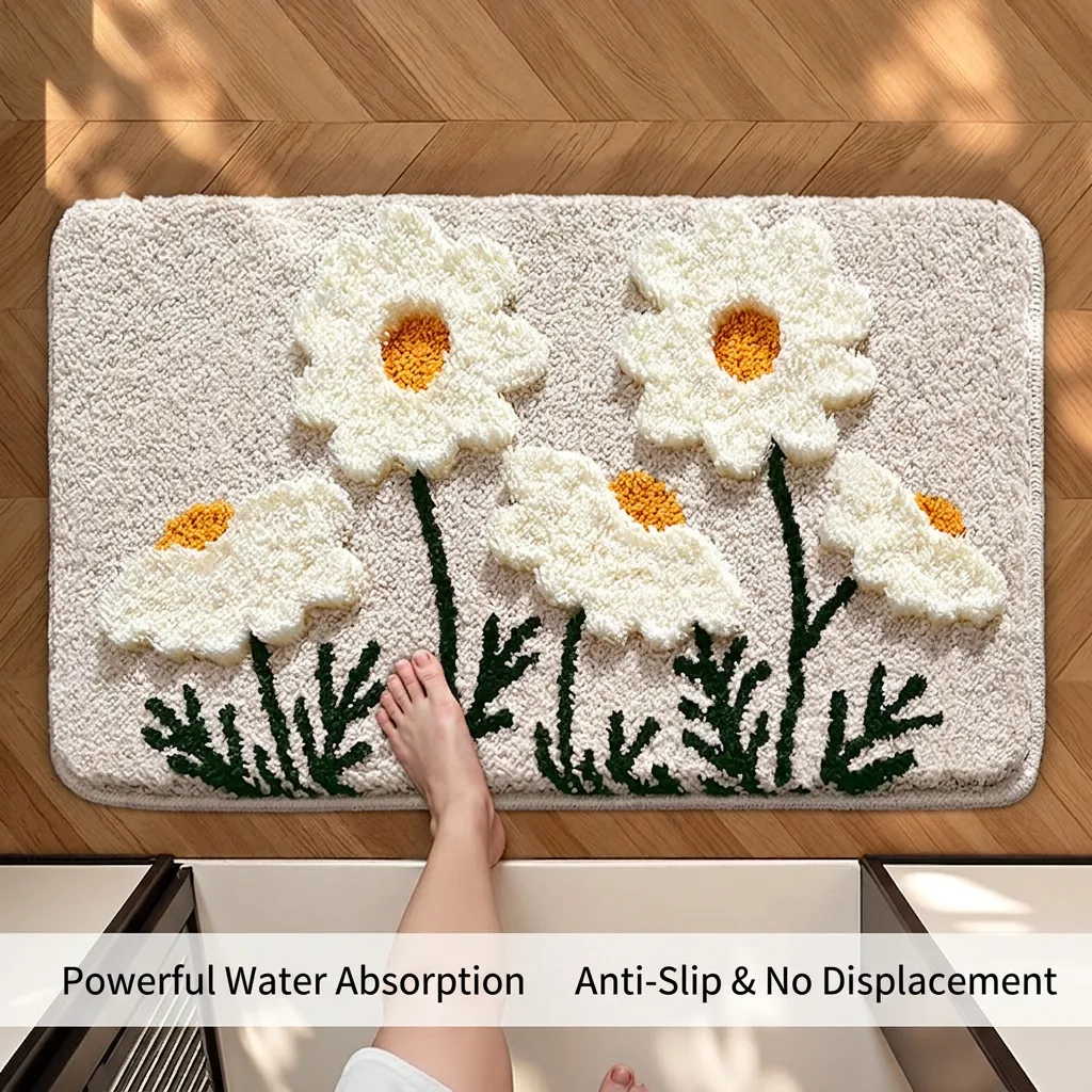 Absorbent Bath Mat Non-Slip Flocked Thick Plush Rug For Bathroom Shower Floral Marble Pattern Machine Washable