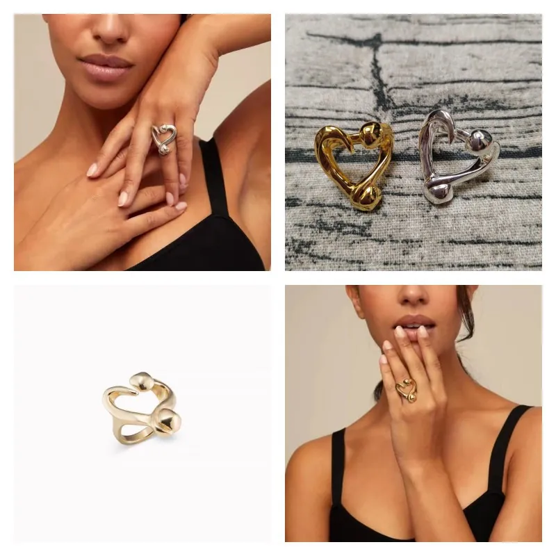 Minimalist Open Heart Ring Abstract Fluid Sculpture Line Silver Gold Plated Alloy Jewelry For Women