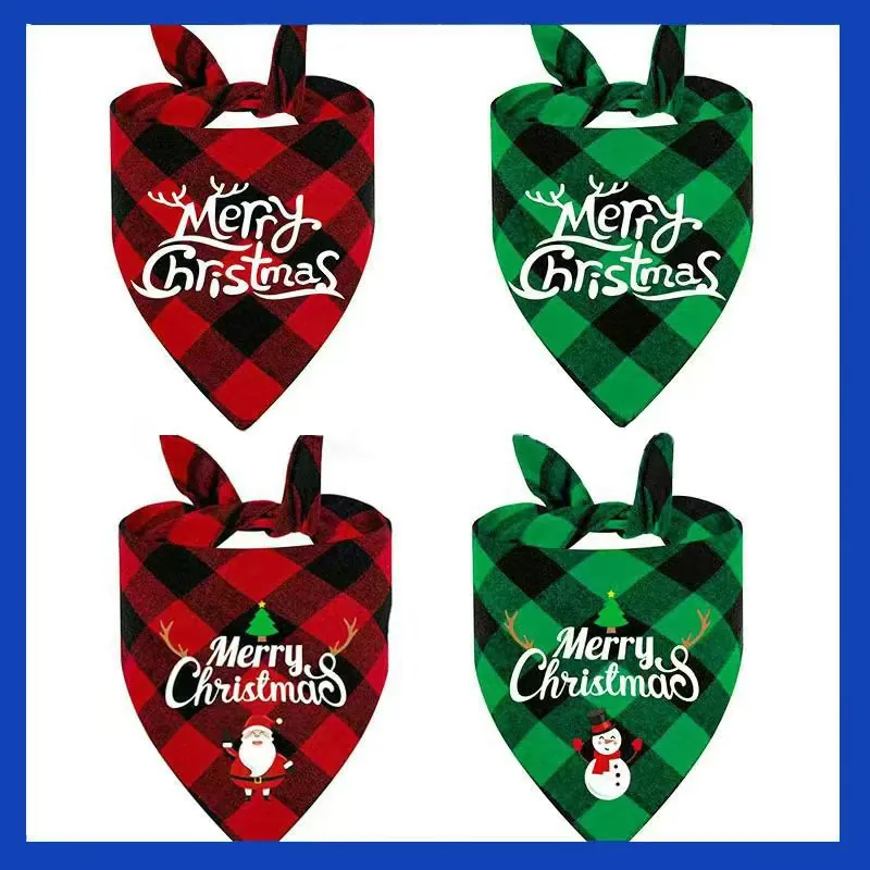 Christmas Pet Bandana Cotton Polyester Buffalo Plaid Triangle Scarf For Dogs Cats Festive Holiday Party Printed Accessory