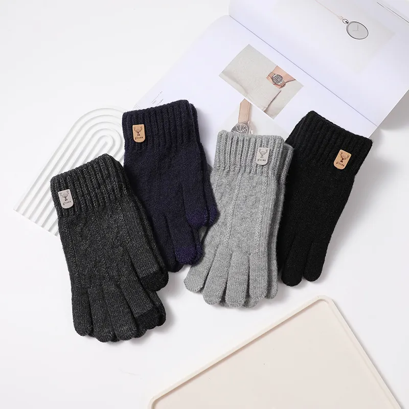 Gants d'Hiver Chauds en Tricot Unisexe Avec Fonction Écran Tactile Logo Tête de Cerf Couleur Unie Jacquard Thermique
