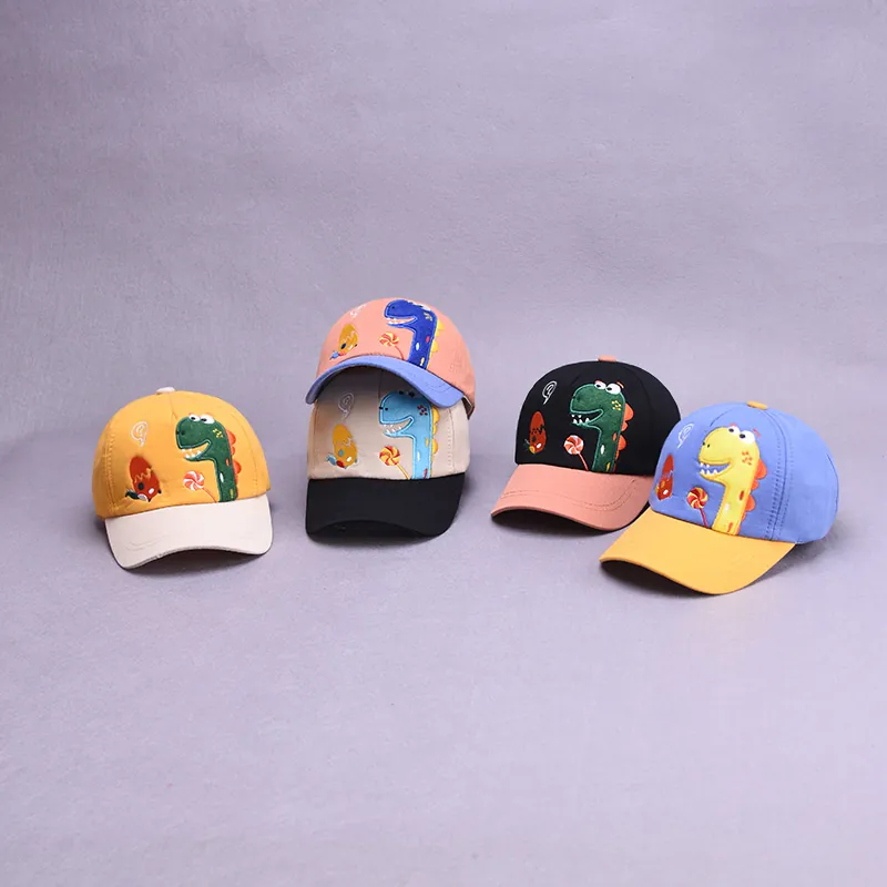 Kids Cartoon Dinosaur Embroidery Baseball Cap Patchwork Color Cotton Sun Hat Adjustable Peak Cap For Boys Girls