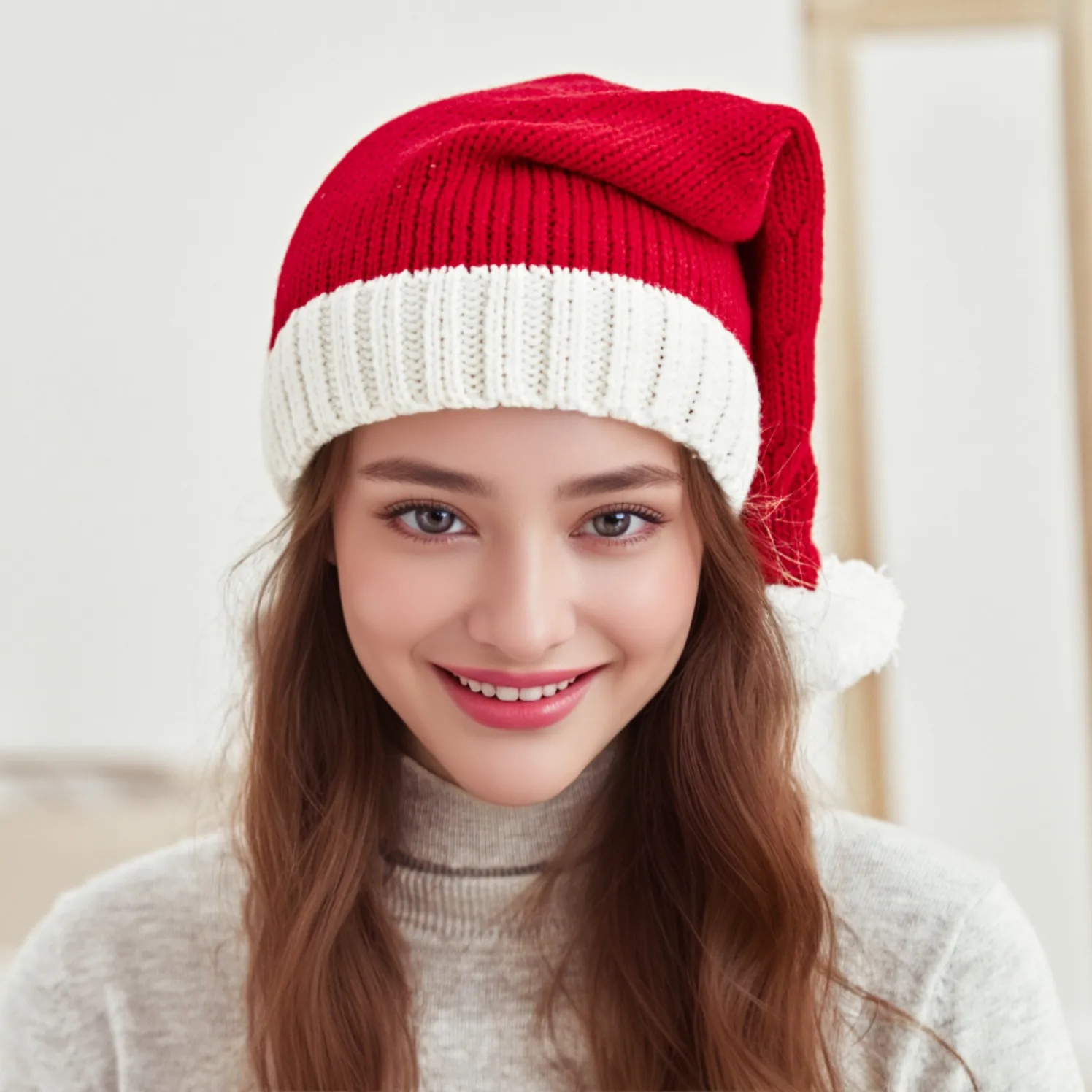 Bonnet De Noël Tricoté Acrylique Rouge Blanc Pompon Décoration De Fête D'Hiver Pour Adultes Enfants Coiffe Festive