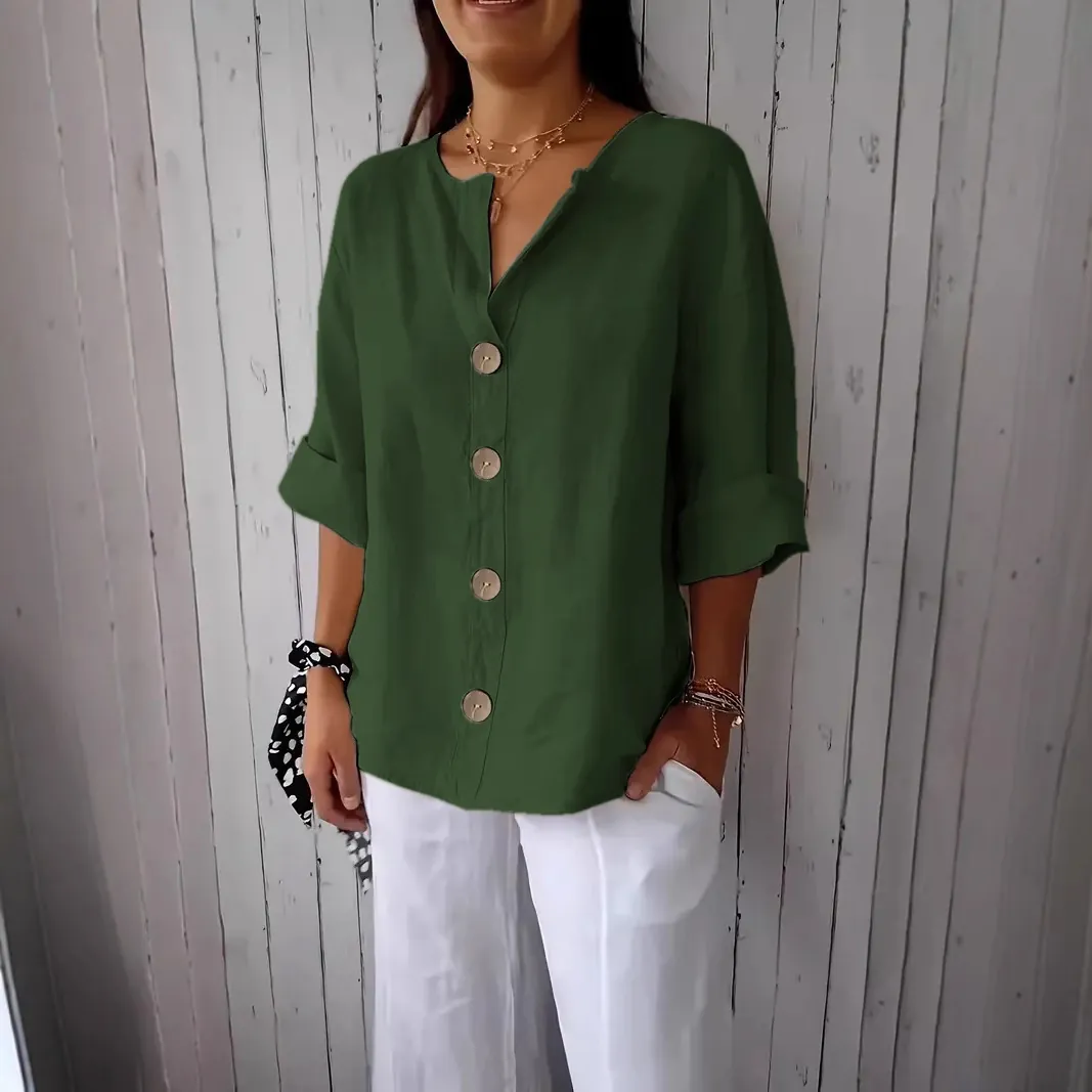 Wholesale Women Cotton Linen Texture V Neck Loose Fit Blouse Top - Everful