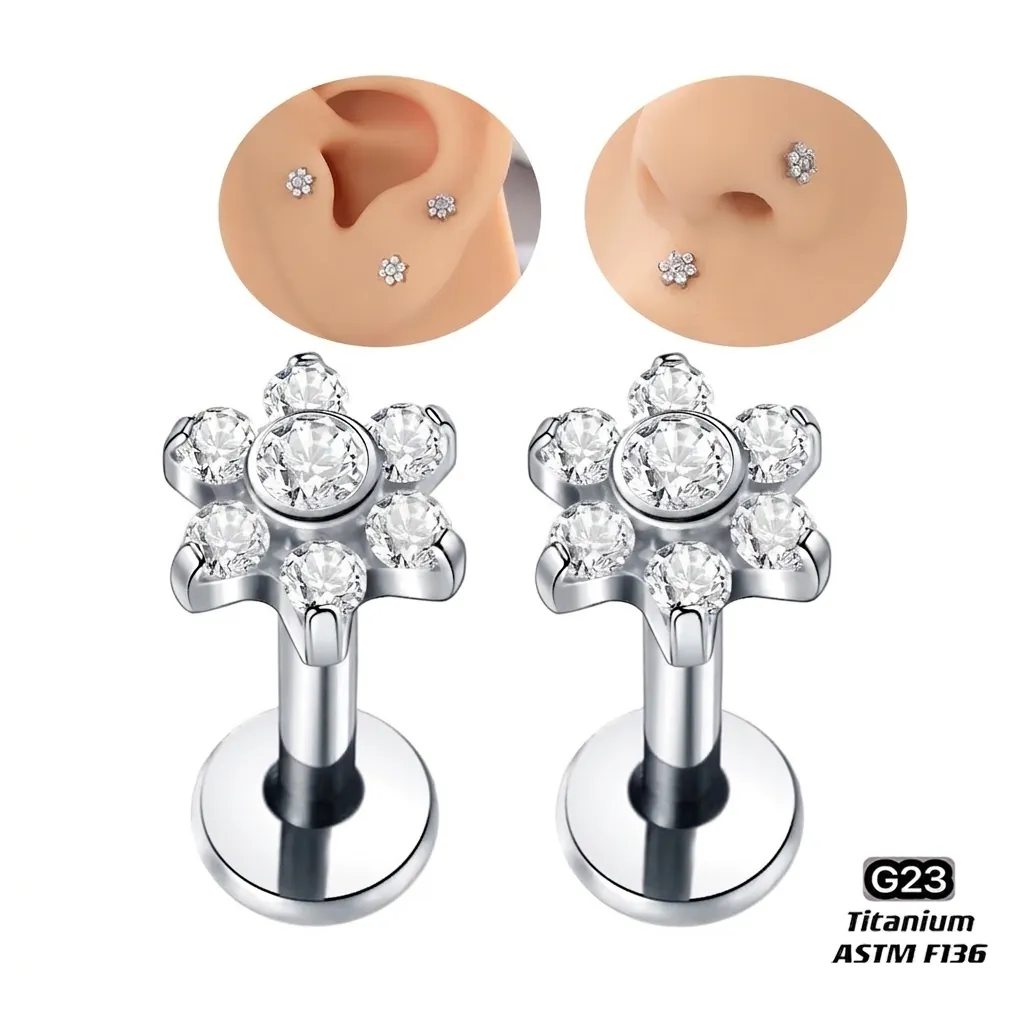 Flower Labret Stud G23 Titanium Clear Zircon Cartilage Earring Flat Back Piercing Jewelry Fashion Women