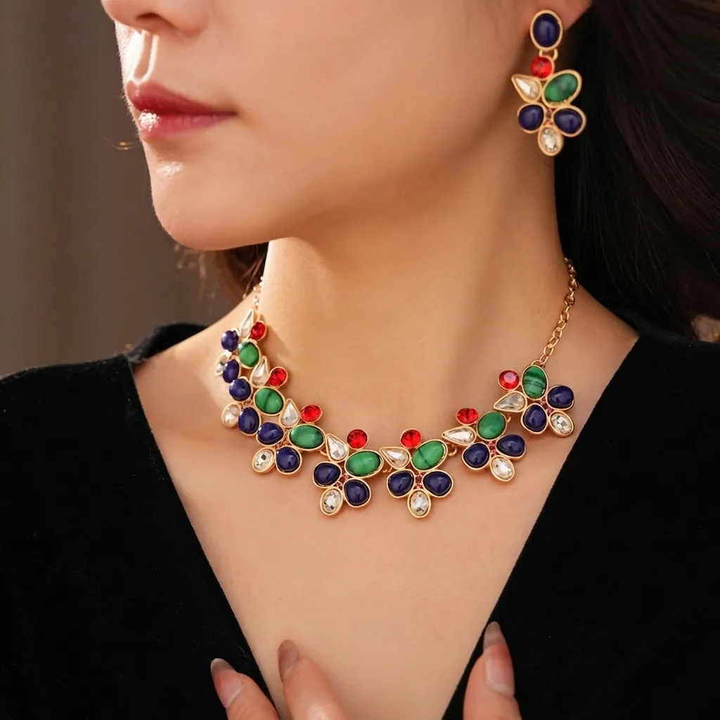 Vintage Boho Schmuck Legierung Straß Harz Oval Geometrisch Halskette Und Ohrringe Mit Silbernem Ohrstecker